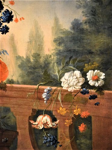 Nature Morte de Fleurs avec Putto et Fontaine dans un  jarden